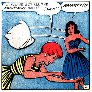 Hedy Wolfe, humor, ouch, Patsy Walker, pillow, surprise, throw, verbal, yell