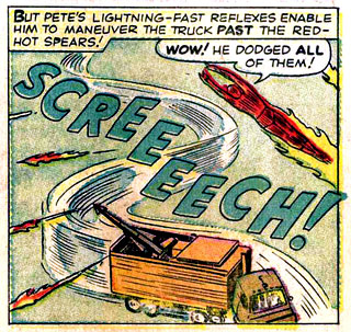 car, Human Torch (Johnny Storm), Paste-Pot Pete, screech, squeal, superhero, tire