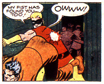 fist, Johnny Quick (Johnny Chambers), ow, pain, punch, superhero, verbal, yell