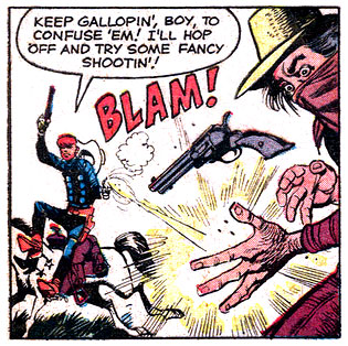 blam, disarm, gun, gunshot, Rawhide Kid (Johnny Bart), revolver, shootout, western