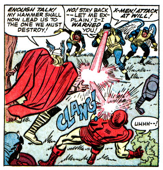 Avengers, Cyclops (Scott Summers), eyebeam, hammer, Iron Man (Tony Stark), Mjolnir, mutant, superhero, Thor (Odinson), X-Men