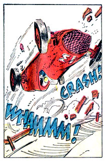 barrier, break, car, car accident, crash, race car, superhero, wham