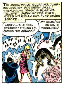 hypnotism, instrument, music, notes, superhero, Trago, trumpet