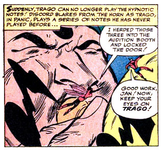 discord, hypnotism, instrument, music, notes, superhero, Trago, trumpet